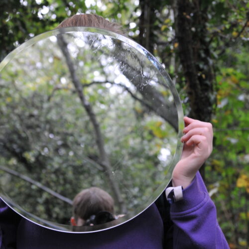 Hands holding a circular concave mirror showing a reflection of woodland and the top of a head