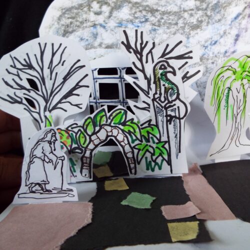 Hand drawn pop-up picture of a garden in black and white with some green colouring of trees