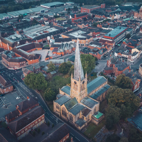 Aerial view of Chesterfield showing the church with the crooked spire